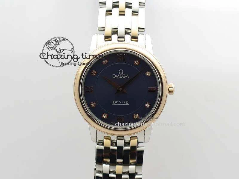 De Ville 27mm SS RG Ladies MK 1:1 Best Edition Blue Dial Diamond Markers On SS Bracelet Ronda Quartz ComfortFit 8188