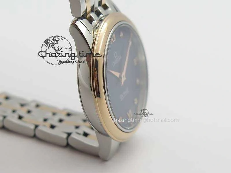 De Ville 27mm SS RG Ladies MK 1:1 Best Edition Blue Dial Diamond Markers On SS Bracelet Ronda Quartz ComfortFit 8188