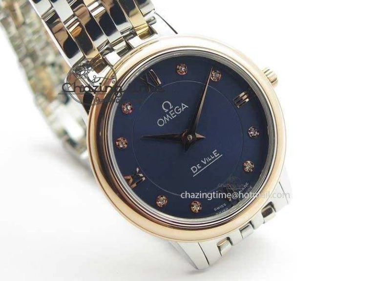 De Ville 27mm SS RG Ladies MK 1:1 Best Edition Blue Dial Diamond Markers On SS Bracelet Ronda Quartz ComfortFit 8188