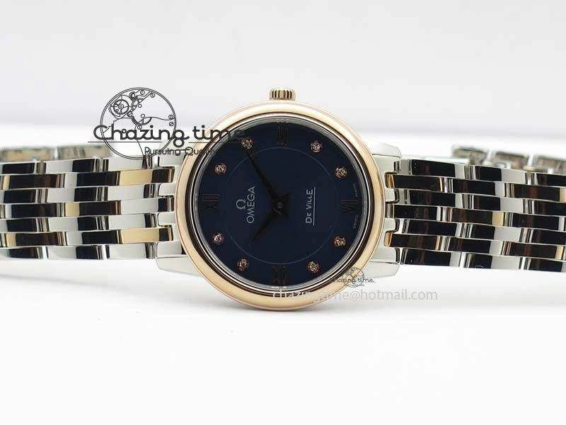 De Ville 27mm SS RG Ladies MK 1:1 Best Edition Blue Dial Diamond Markers On SS Bracelet Ronda Quartz ComfortFit 8188
