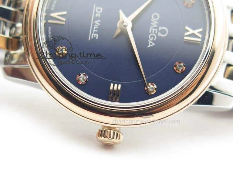 De Ville 27mm SS RG Ladies MK 1:1 Best Edition Blue Dial Diamond Markers On SS Bracelet Ronda Quartz ComfortFit 8188