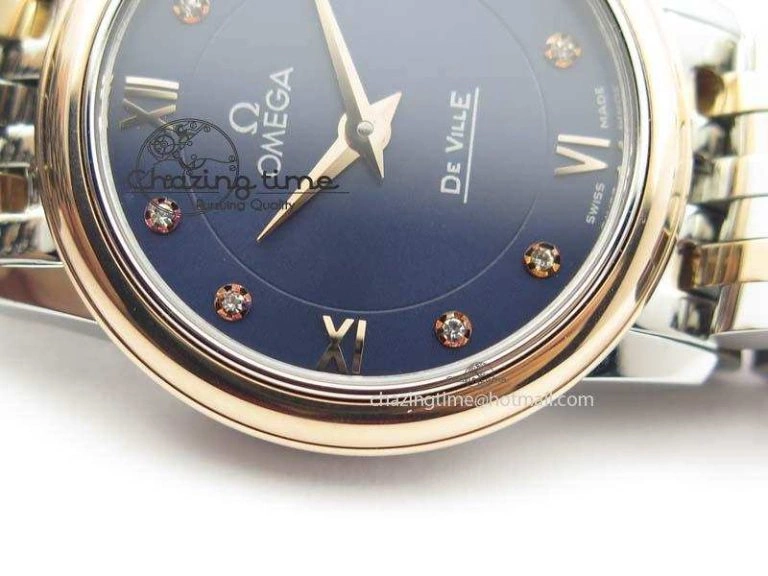 De Ville 27mm SS RG Ladies MK 1:1 Best Edition Blue Dial Diamond Markers On SS Bracelet Ronda Quartz ComfortFit 8188