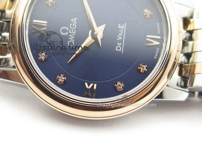 De Ville 27mm SS RG Ladies MK 1:1 Best Edition Blue Dial Diamond Markers On SS Bracelet Ronda Quartz ComfortFit 8188