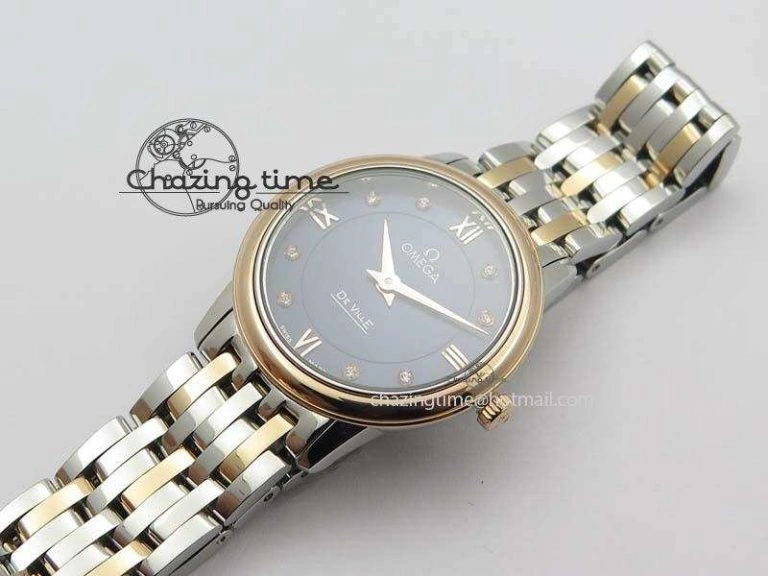 De Ville 27mm SS RG Ladies MK 1:1 Best Edition Blue Dial Diamond Markers On SS Bracelet Ronda Quartz ComfortFit 8188