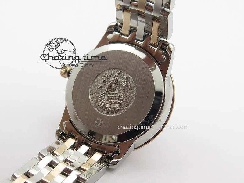 De Ville 27mm SS RG Ladies MK 1:1 Best Edition Blue Dial Diamond Markers On SS Bracelet Ronda Quartz ComfortFit 8188