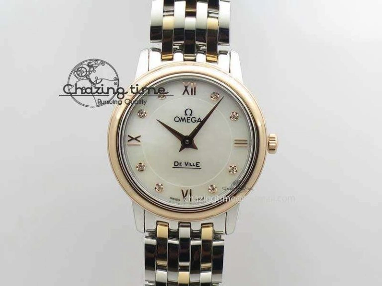 De Ville 27mm SS RG Ladies MK 1:1 Best Edition White MOP Dial Diamond Markers On SS Bracelet Ronda Quartz MultiPurpose 8198