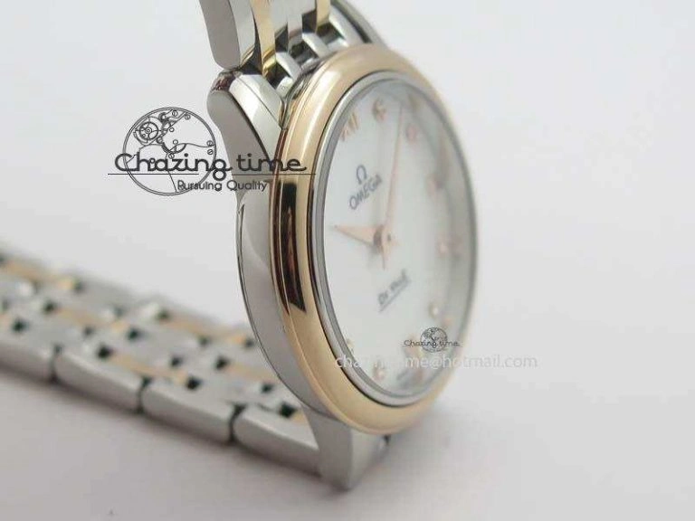De Ville 27mm SS RG Ladies MK 1:1 Best Edition White MOP Dial Diamond Markers On SS Bracelet Ronda Quartz MultiPurpose 8198