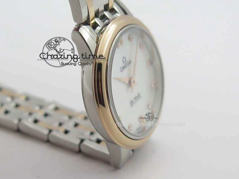 De Ville 27mm SS RG Ladies MK 1:1 Best Edition White MOP Dial Diamond Markers On SS Bracelet Ronda Quartz MultiPurpose 8198