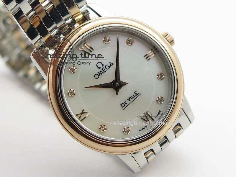 De Ville 27mm SS RG Ladies MK 1:1 Best Edition White MOP Dial Diamond Markers On SS Bracelet Ronda Quartz MultiPurpose 8198