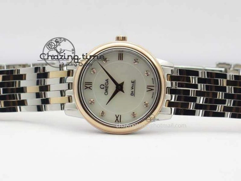 De Ville 27mm SS RG Ladies MK 1:1 Best Edition White MOP Dial Diamond Markers On SS Bracelet Ronda Quartz MultiPurpose 8198