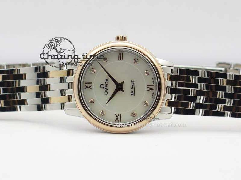 De Ville 27mm SS RG Ladies MK 1:1 Best Edition White MOP Dial Diamond Markers On SS Bracelet Ronda Quartz MultiPurpose 8198