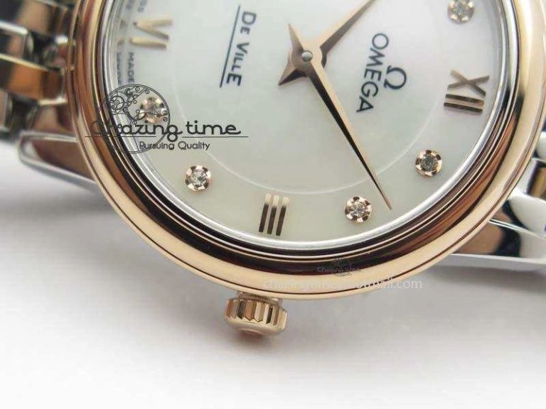 De Ville 27mm SS RG Ladies MK 1:1 Best Edition White MOP Dial Diamond Markers On SS Bracelet Ronda Quartz MultiPurpose 8198