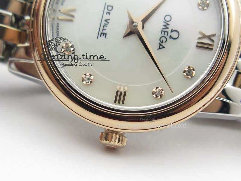 De Ville 27mm SS RG Ladies MK 1:1 Best Edition White MOP Dial Diamond Markers On SS Bracelet Ronda Quartz MultiPurpose 8198