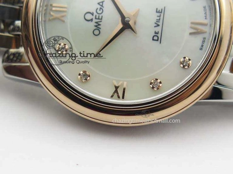 De Ville 27mm SS RG Ladies MK 1:1 Best Edition White MOP Dial Diamond Markers On SS Bracelet Ronda Quartz MultiPurpose 8198