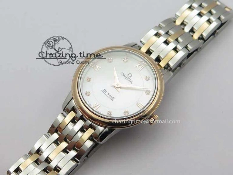 De Ville 27mm SS RG Ladies MK 1:1 Best Edition White MOP Dial Diamond Markers On SS Bracelet Ronda Quartz MultiPurpose 8198