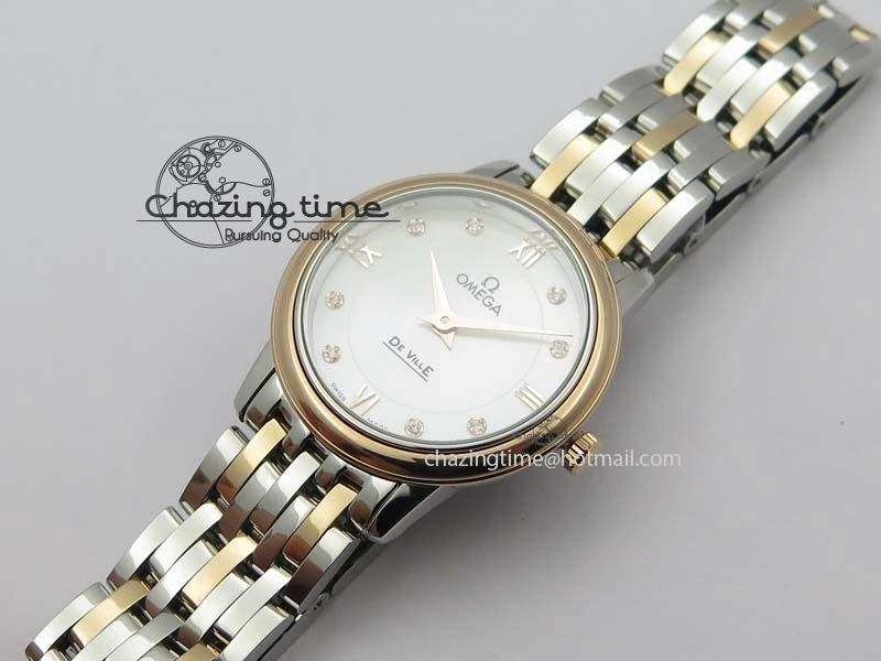 De Ville 27mm SS RG Ladies MK 1:1 Best Edition White MOP Dial Diamond Markers On SS Bracelet Ronda Quartz MultiPurpose 8198