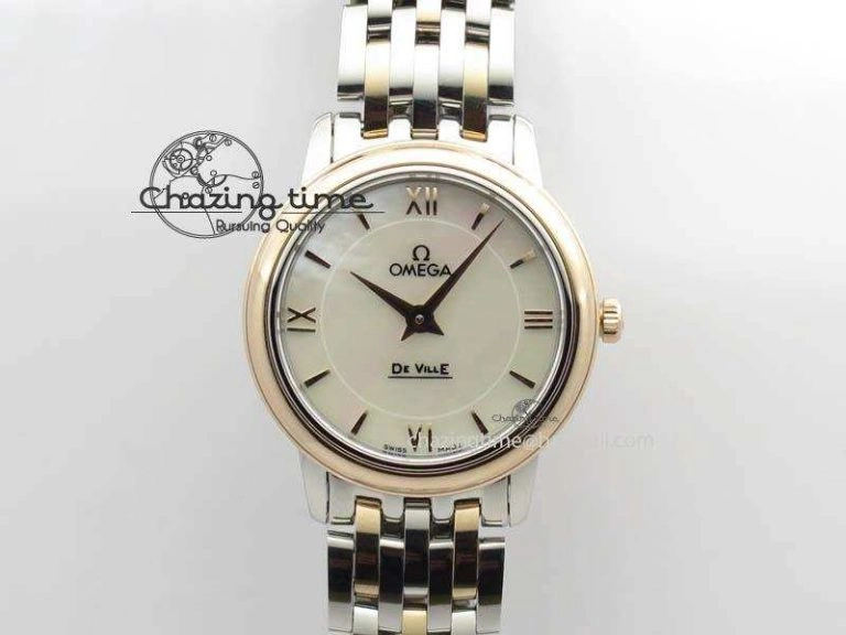 WrinkleFree De Ville 27mm SS RG Ladies MK 1:1 Best Edition White MOP Dial On SS Bracelet Ronda Quartz 8196