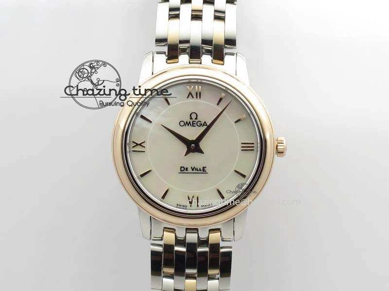 WrinkleFree De Ville 27mm SS RG Ladies MK 1:1 Best Edition White MOP Dial On SS Bracelet Ronda Quartz 8196