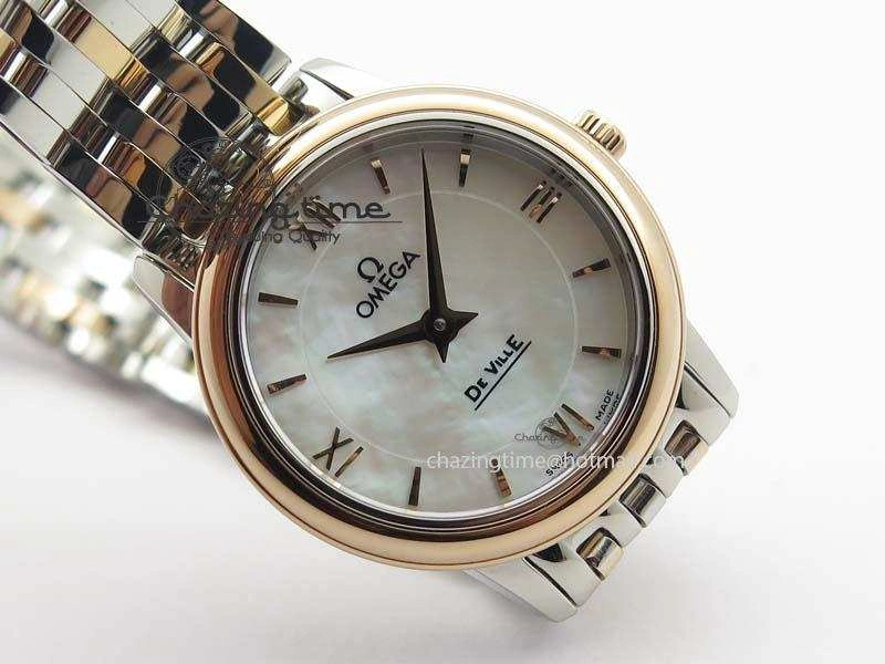 WrinkleFree De Ville 27mm SS RG Ladies MK 1:1 Best Edition White MOP Dial On SS Bracelet Ronda Quartz 8196