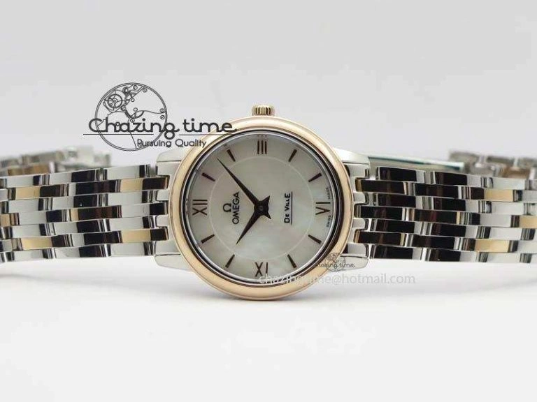 WrinkleFree De Ville 27mm SS RG Ladies MK 1:1 Best Edition White MOP Dial On SS Bracelet Ronda Quartz 8196
