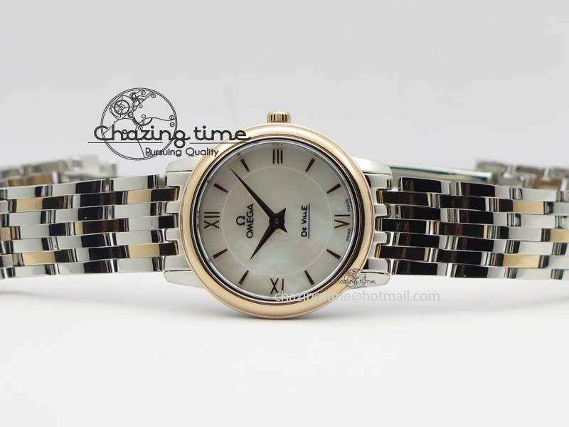 WrinkleFree De Ville 27mm SS RG Ladies MK 1:1 Best Edition White MOP Dial On SS Bracelet Ronda Quartz 8196