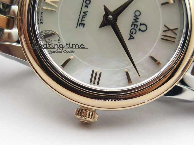 WrinkleFree De Ville 27mm SS RG Ladies MK 1:1 Best Edition White MOP Dial On SS Bracelet Ronda Quartz 8196