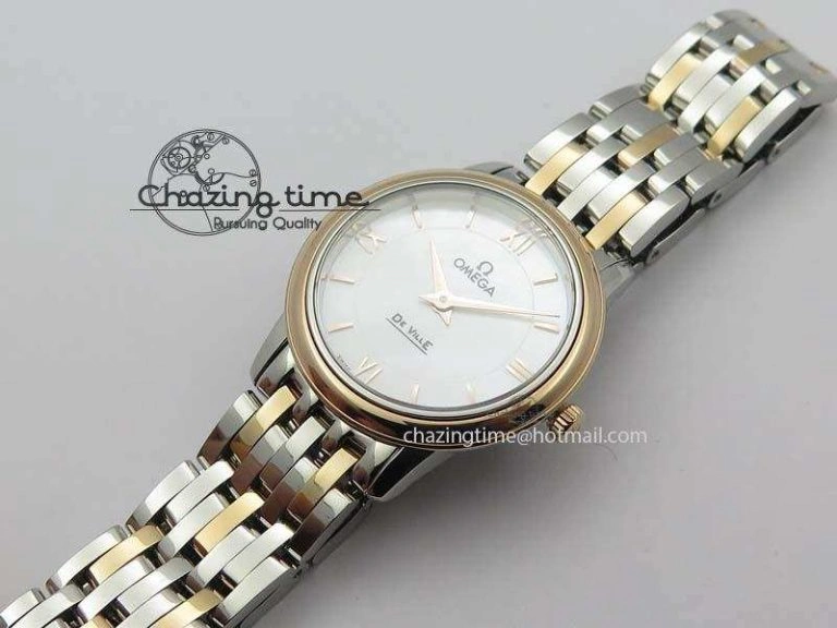 WrinkleFree De Ville 27mm SS RG Ladies MK 1:1 Best Edition White MOP Dial On SS Bracelet Ronda Quartz 8196