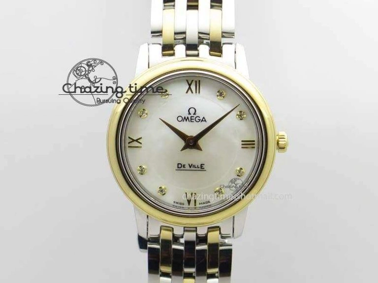 Original De Ville 27mm SS YG Ladies MK 1:1 Best Edition White MOP Dial Diamond Markers On SS Bracelet Ronda Quartz 8187