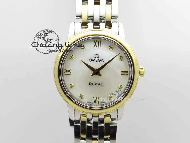 Original De Ville 27mm SS YG Ladies MK 1:1 Best Edition White MOP Dial Diamond Markers On SS Bracelet Ronda Quartz 8187