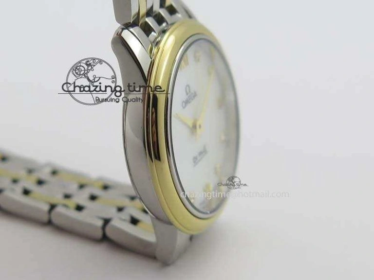 Original De Ville 27mm SS YG Ladies MK 1:1 Best Edition White MOP Dial Diamond Markers On SS Bracelet Ronda Quartz 8187