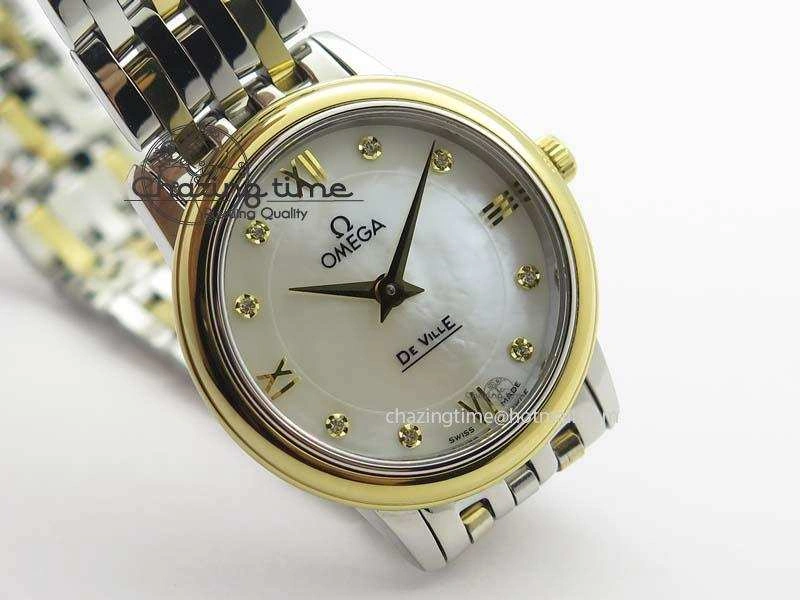 Original De Ville 27mm SS YG Ladies MK 1:1 Best Edition White MOP Dial Diamond Markers On SS Bracelet Ronda Quartz 8187