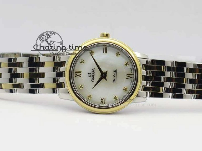Original De Ville 27mm SS YG Ladies MK 1:1 Best Edition White MOP Dial Diamond Markers On SS Bracelet Ronda Quartz 8187