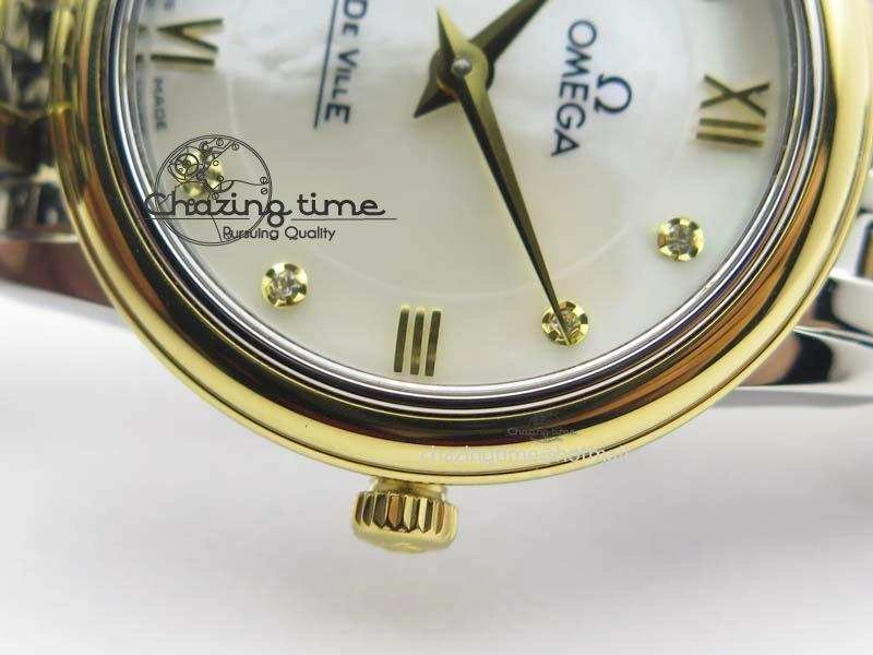 Original De Ville 27mm SS YG Ladies MK 1:1 Best Edition White MOP Dial Diamond Markers On SS Bracelet Ronda Quartz 8187
