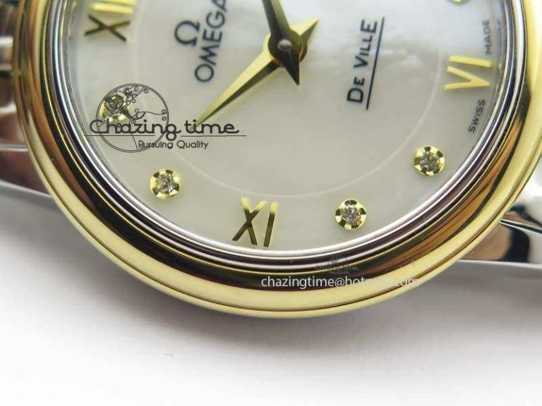 Original De Ville 27mm SS YG Ladies MK 1:1 Best Edition White MOP Dial Diamond Markers On SS Bracelet Ronda Quartz 8187