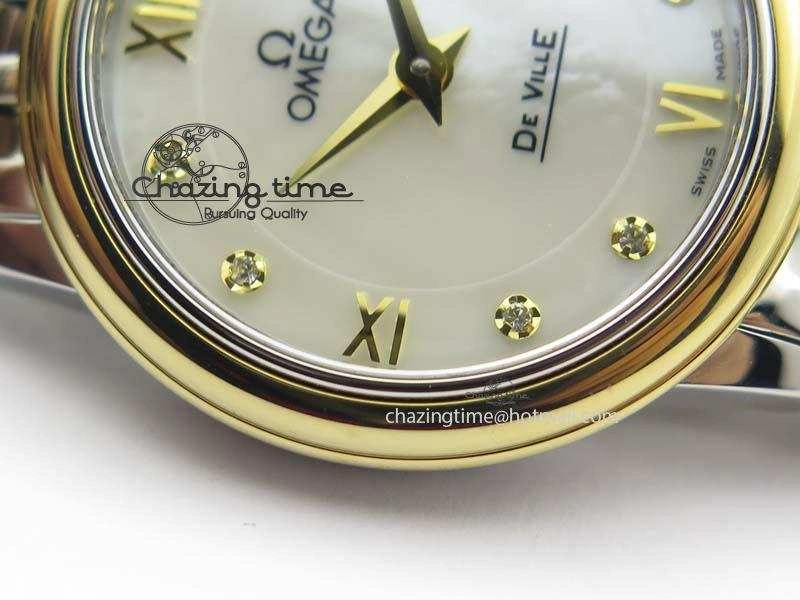 Original De Ville 27mm SS YG Ladies MK 1:1 Best Edition White MOP Dial Diamond Markers On SS Bracelet Ronda Quartz 8187
