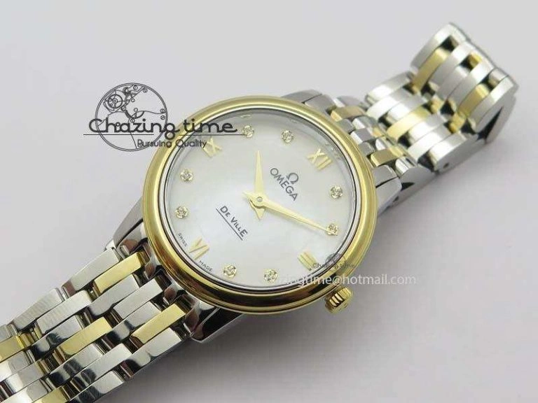 Original De Ville 27mm SS YG Ladies MK 1:1 Best Edition White MOP Dial Diamond Markers On SS Bracelet Ronda Quartz 8187