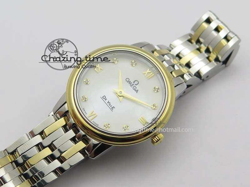 Original De Ville 27mm SS YG Ladies MK 1:1 Best Edition White MOP Dial Diamond Markers On SS Bracelet Ronda Quartz 8187
