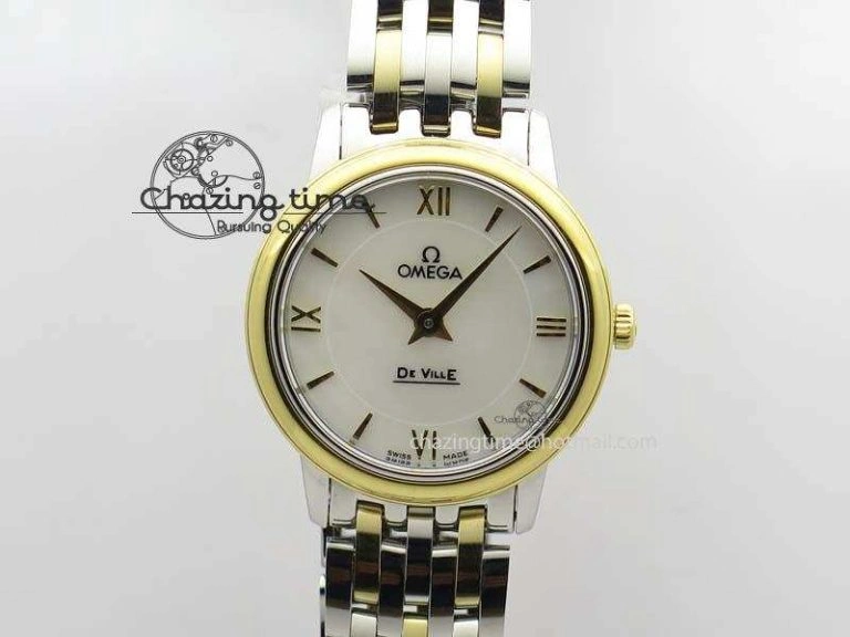 De Ville 27mm SS YG Ladies MK 1:1 Best Edition White MOP Dial On SS Bracelet Ronda Quartz ModernLook 8192