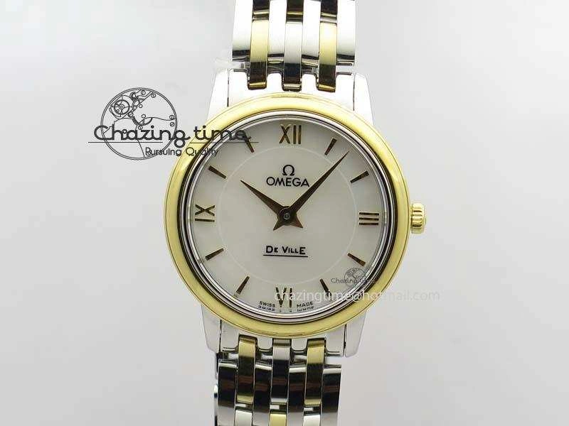 De Ville 27mm SS YG Ladies MK 1:1 Best Edition White MOP Dial On SS Bracelet Ronda Quartz ModernLook 8192