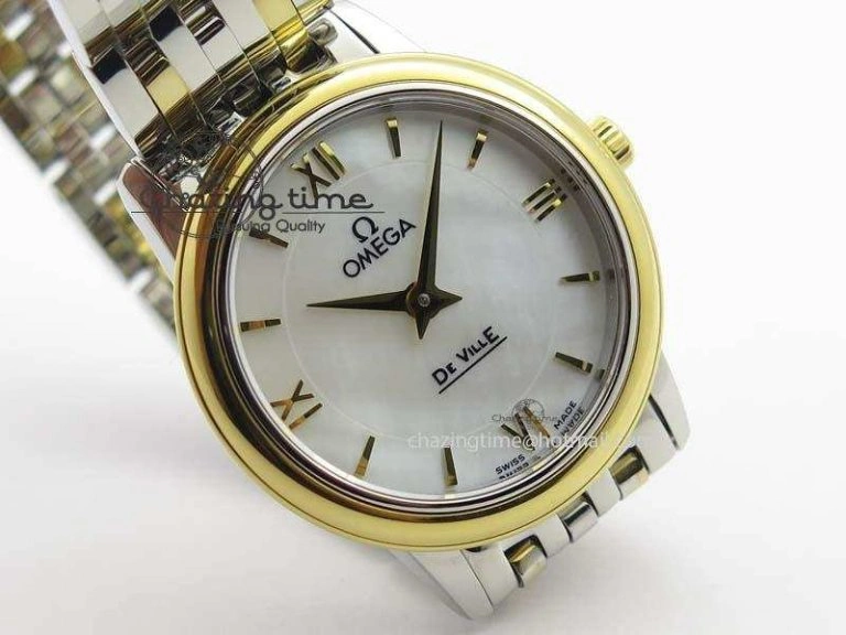 De Ville 27mm SS YG Ladies MK 1:1 Best Edition White MOP Dial On SS Bracelet Ronda Quartz ModernLook 8192