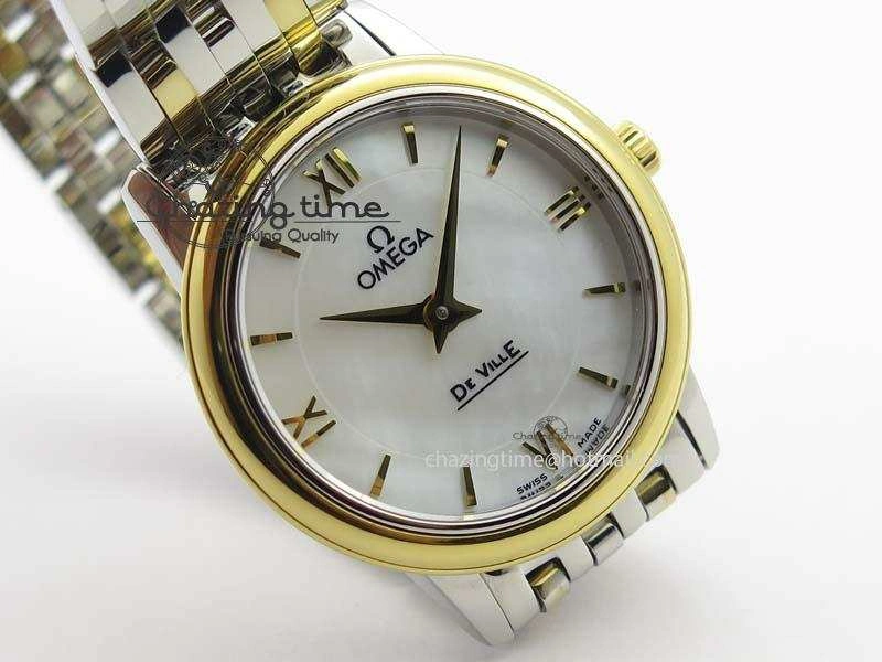 De Ville 27mm SS YG Ladies MK 1:1 Best Edition White MOP Dial On SS Bracelet Ronda Quartz ModernLook 8192