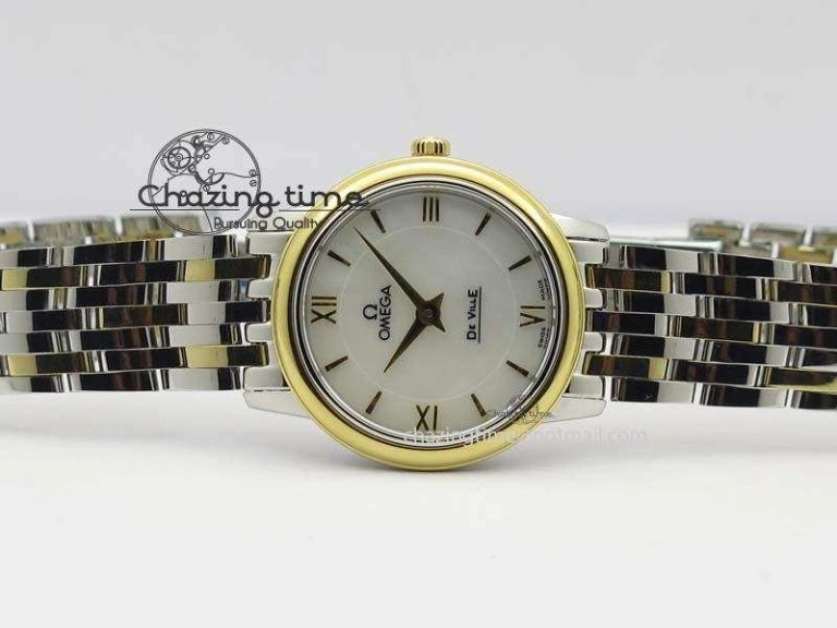 De Ville 27mm SS YG Ladies MK 1:1 Best Edition White MOP Dial On SS Bracelet Ronda Quartz ModernLook 8192