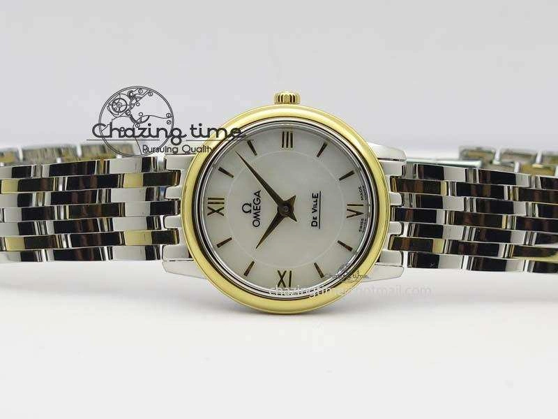 De Ville 27mm SS YG Ladies MK 1:1 Best Edition White MOP Dial On SS Bracelet Ronda Quartz ModernLook 8192