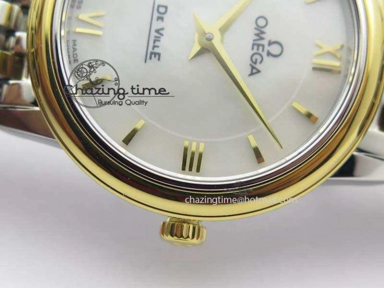 De Ville 27mm SS YG Ladies MK 1:1 Best Edition White MOP Dial On SS Bracelet Ronda Quartz ModernLook 8192