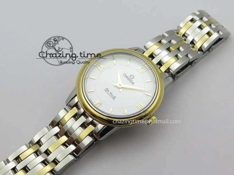 De Ville 27mm SS YG Ladies MK 1:1 Best Edition White MOP Dial On SS Bracelet Ronda Quartz ModernLook 8192