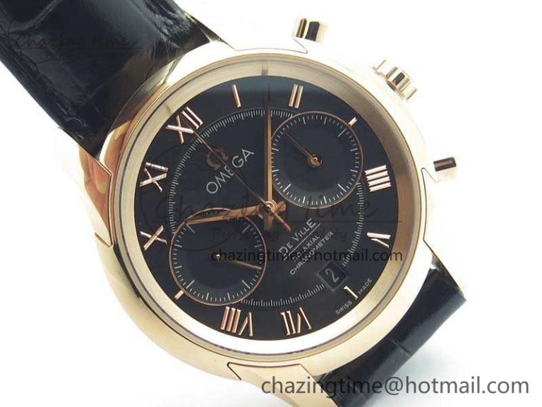 BestValue De Ville Chronograph RG OMF 1:1 Best Edition Black Dial On Black Leather Strap A 8106