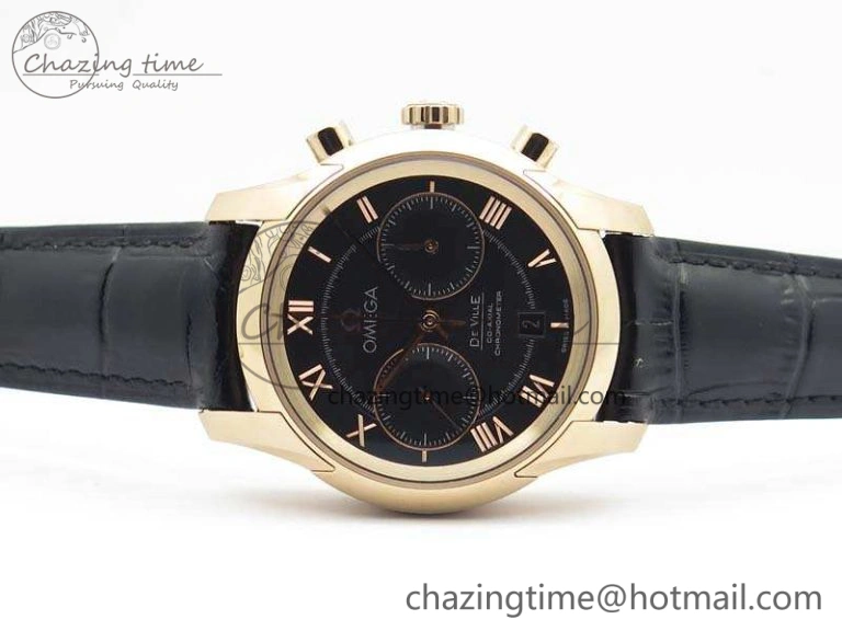 BestValue De Ville Chronograph RG OMF 1:1 Best Edition Black Dial On Black Leather Strap A 8106