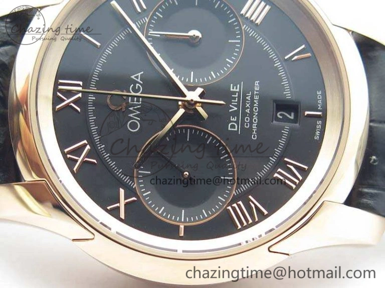 BestValue De Ville Chronograph RG OMF 1:1 Best Edition Black Dial On Black Leather Strap A 8106