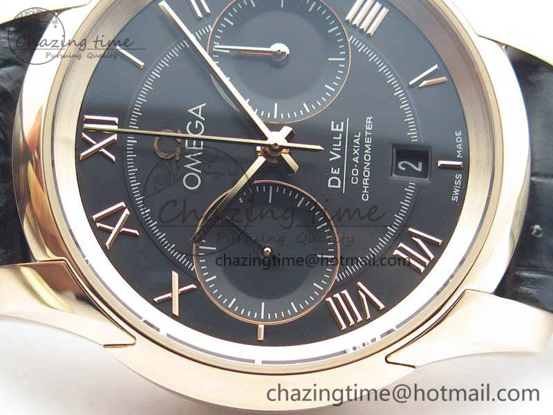 BestValue De Ville Chronograph RG OMF 1:1 Best Edition Black Dial On Black Leather Strap A 8106