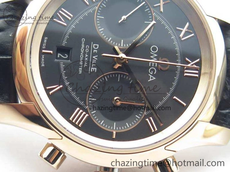 BestValue De Ville Chronograph RG OMF 1:1 Best Edition Black Dial On Black Leather Strap A 8106